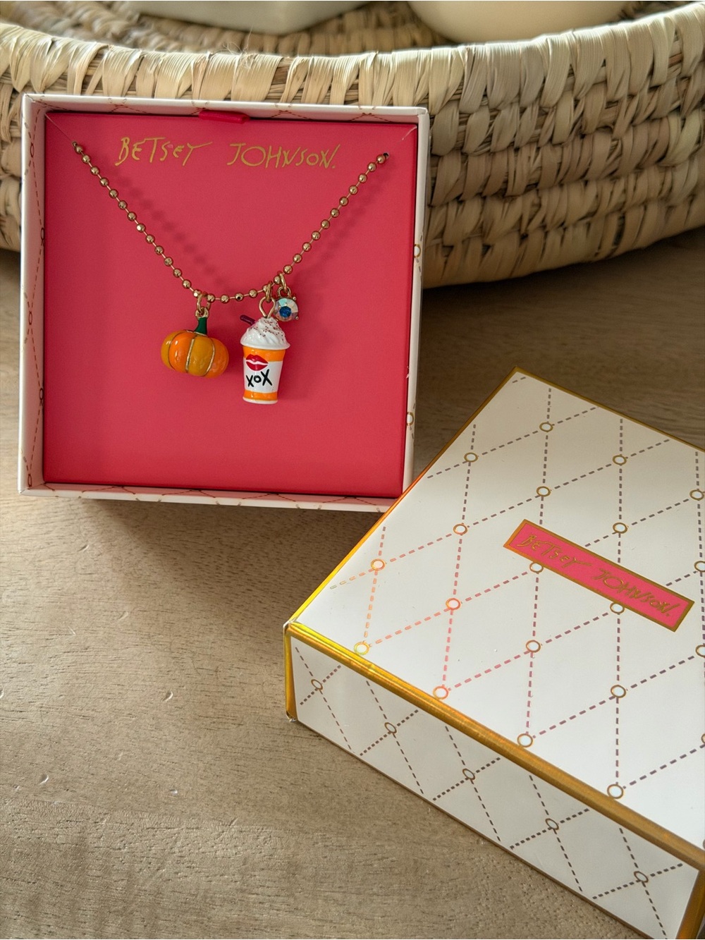 Betsey Johnson Gold-Tone Necklace with Orange Pumpkin & White Cup Charms